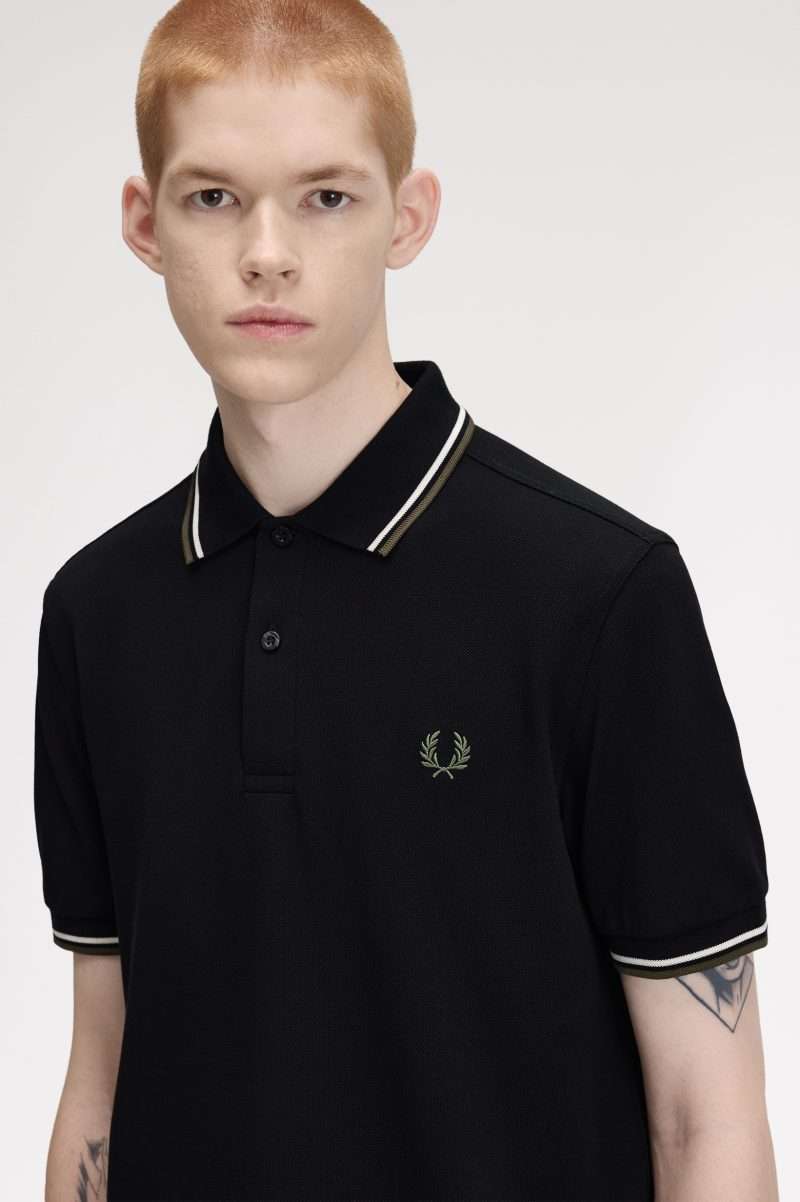 polo Fred Perry noir écru laurel wreath vert – vue principale